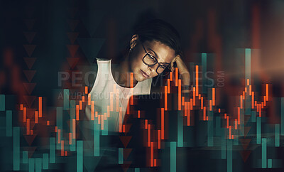 Buy stock photo Woman, overlay and laptop for trading at night, finance and stock market graphs or tired. Female person, exhausted and stress for exchange fail or investment mistake, online and risk or accounting