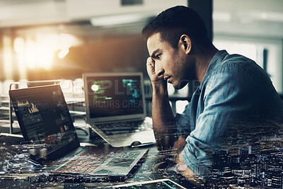 Buy stock photo Man, technology and anxiety with city overlay in office for financial risk, mistake and stock market crash. Trading, broker and frustrated with anxiety for investment, failure and bad news of economy