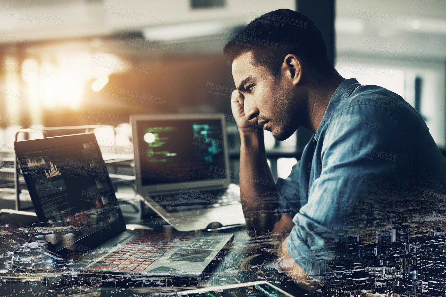 Buy stock photo Man, technology and anxiety with city overlay in office for financial risk, mistake and stock market crash. Trading, broker and frustrated with anxiety for investment, failure and bad news of economy