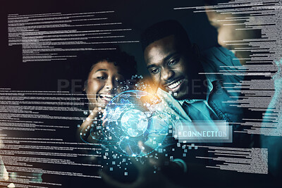 Buy stock photo Business, black people and globe hologram in office for teamwork, cloud computing or connection at night. Overlay, futuristic and happy employees for communication, metaverse or tech transformation