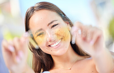 Buy stock photo Fashion, beauty and glasses with a woman out shopping for eyewear during summer while on holiday or vacation. 