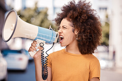 Buy stock photo Angry, megaphone and black woman talking at a protest for human rights in city of Iran. Shouting, frustrated and African girl with a microphone for an announcement at a riot for justice in the street
