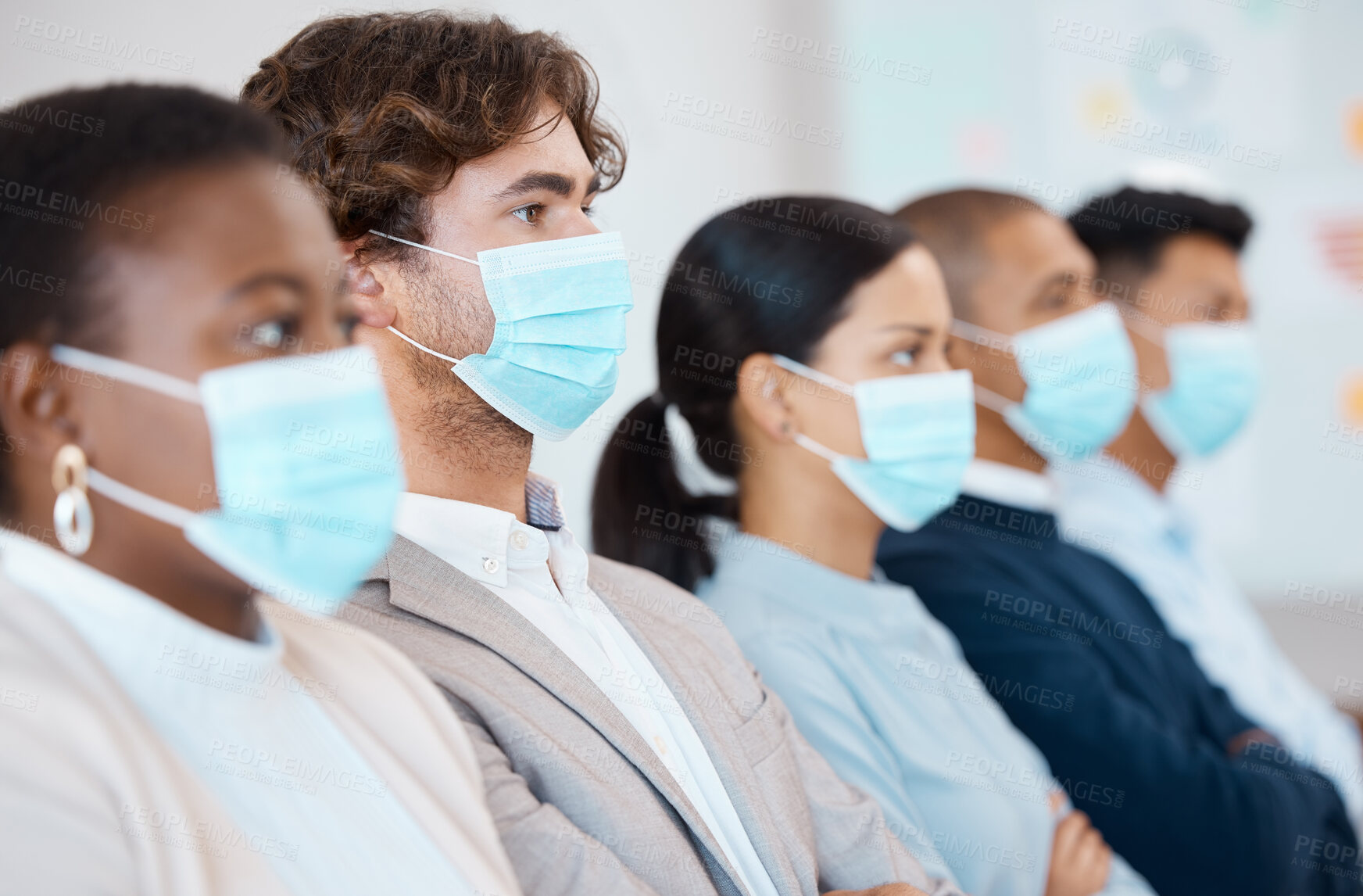 Buy stock photo Covid, men and women with mask at seminar, tradeshow or presentation sitting in a row. Audience at trade show, conference or business meeting with face mask, focus and attention to health and safety.