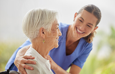 Buy stock photo Friendly nurse doctor offering patient support during recovery. A loving caregiver taking care of her patient and showing kindness while doing a checkup in assisted living home