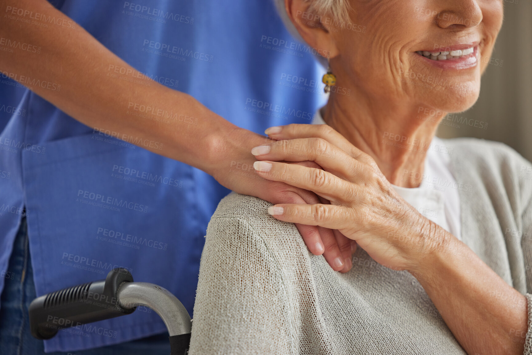 Buy stock photo Closeup of a doctor comforting and supporting a patient by holding hands. Healthcare professional showing kindness to an elderly patient. Loving helper consoling a trusting patient through recovery