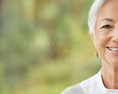 Buy stock photo Portrait of one happy senior caucasian woman with copyspace. Face of carefree cheerful retired female smiling at the camera. Carefree, relaxed and wise old woman optimistic about life and aging