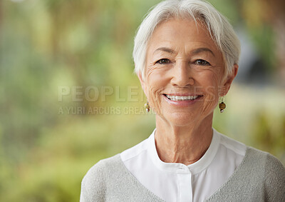 Buy stock photo Copyspace with smiling senior woman. Portrait of a happy lady with grey hair enjoying a carefree retirement. Face of cheerful, relaxed and wise old pensioner feeling optimistic about life and ageing