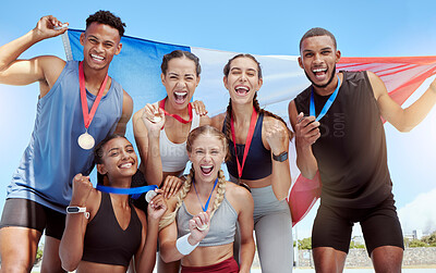 Buy stock photo Happy and proud French olympic athletes celebrating winning medals for their country. Portrait of a diverse group of sports people with a French flag, cheering and proud of their success and victory