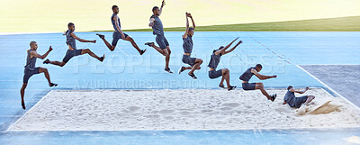 Buy stock photo A sequence of a fit male athlete jumping in a sandpit competing in the long jump. Professional athlete or track racer during long or triple jump attempt is a competitive sports event or training
