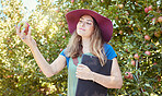 Female farmer inspecting produce on an apple farm standing in an orchard on a sunny day with a clipboard to  take notes. Young farm worker holding fruit during harvest season. Organic agriculture