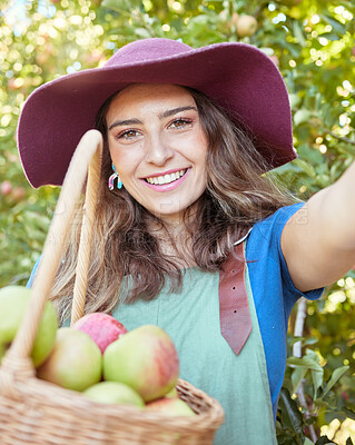Portrait of one happy woman taking selfies while holding basket of fresh picked apples on sustainable orchard farm outside on sunny day. Cheerful farmer harvesting juicy organic fruit in season to eat