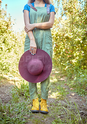 Buy stock photo Closeup apple farmer standing alone on a farm and holding her sun hat. Woman in dungarees surrounded by fresh agricultural fruit trees, produce for harvest on remote sustainable apple orchard