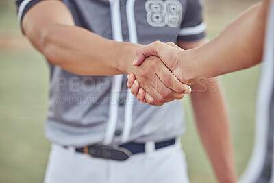 Buy stock photo Closeup of two sportsmen shaking hands before a game. Hands pf baseball players congratulating each other after winning a match. Two unknown male competitors wishing each other goodluck on the field 