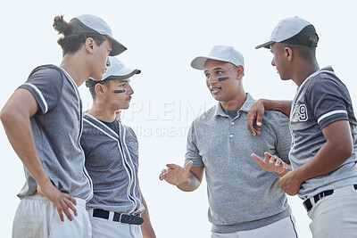 Buy stock photo Baseball coach from below giving match pep talk and planning game strategy with group of players in huddle on sports pitch outside. Trainer encouraging and motivating team for tournament competition