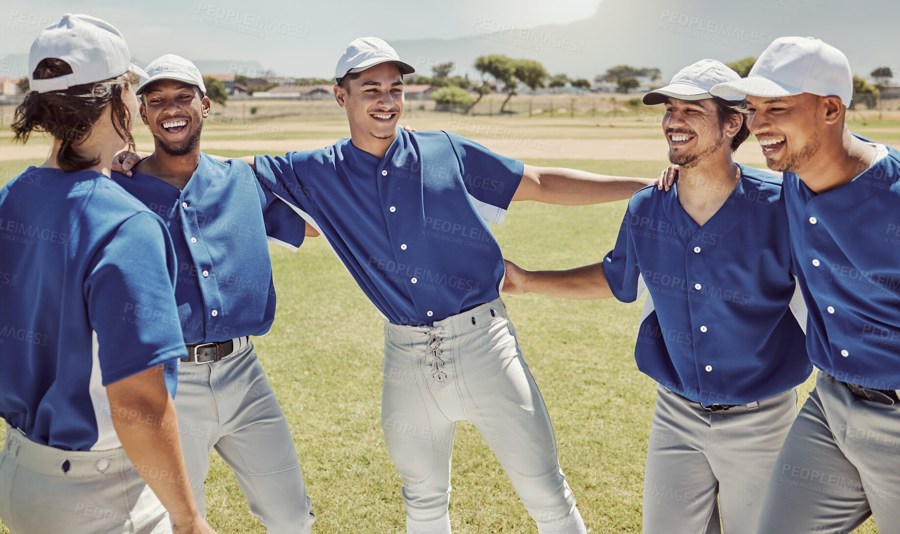 Buy stock photo Baseball, sport and team, men and fitness, happy and baseball player huddle, celebrate and motivation in sports club on baseball field. Happiness, teamwork and celebration, training on grass pitch.