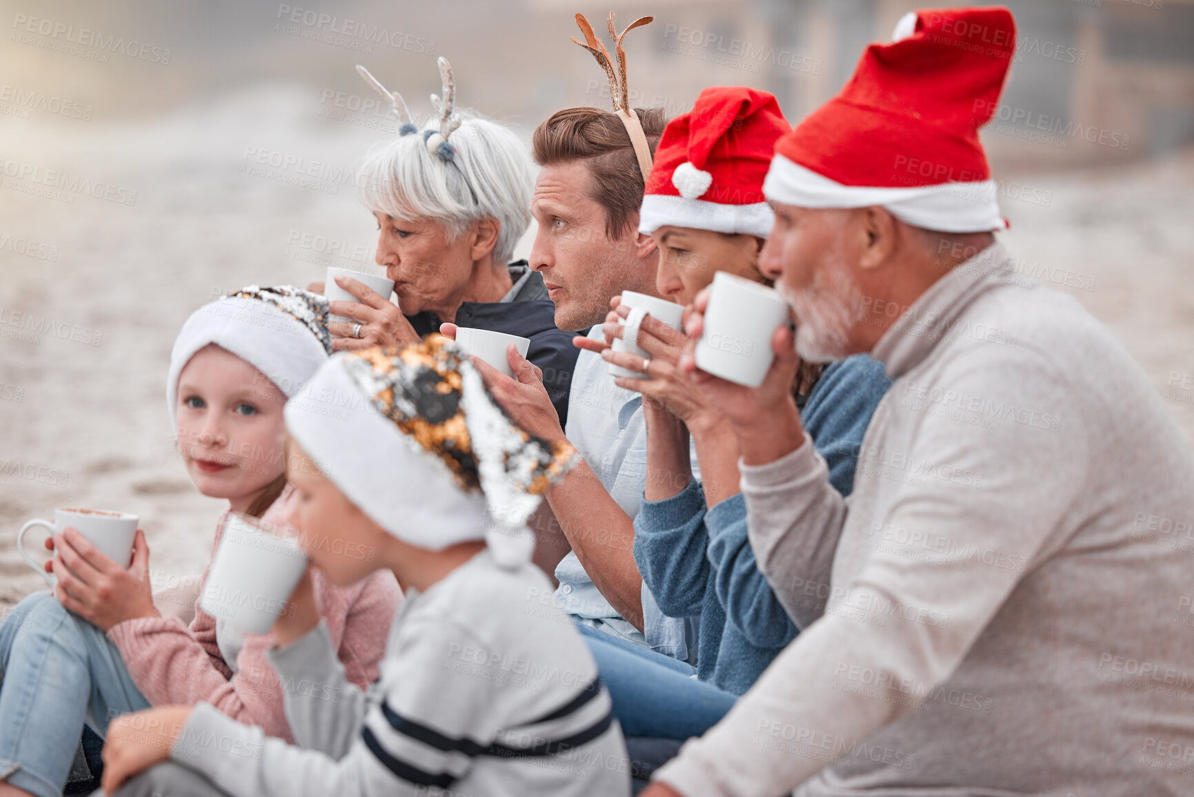 Buy stock photo Big family, drinking cocoa and relaxing for Christmas holiday, bonding and quality time together in the outdoors. Parents, grandparents and children in family celebration for December festive season