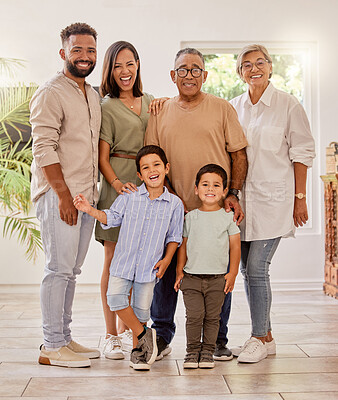 Buy stock photo Big family, portrait and bonding in home together with grandmother, grandfather and children. Generation, mother and father together relaxing in a loving bond at home for care and happiness 