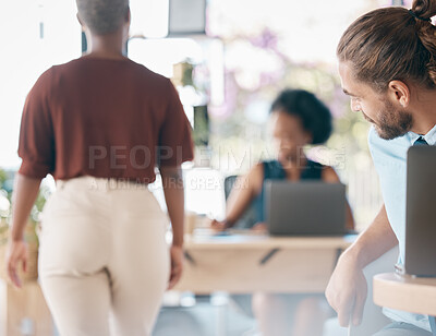 Buy stock photo Black woman, businessman and sexual harassment with predator behavior in office. Womens rights, discrimination and inappropriate sexual conduct in workplace, dignity and justice for women in business