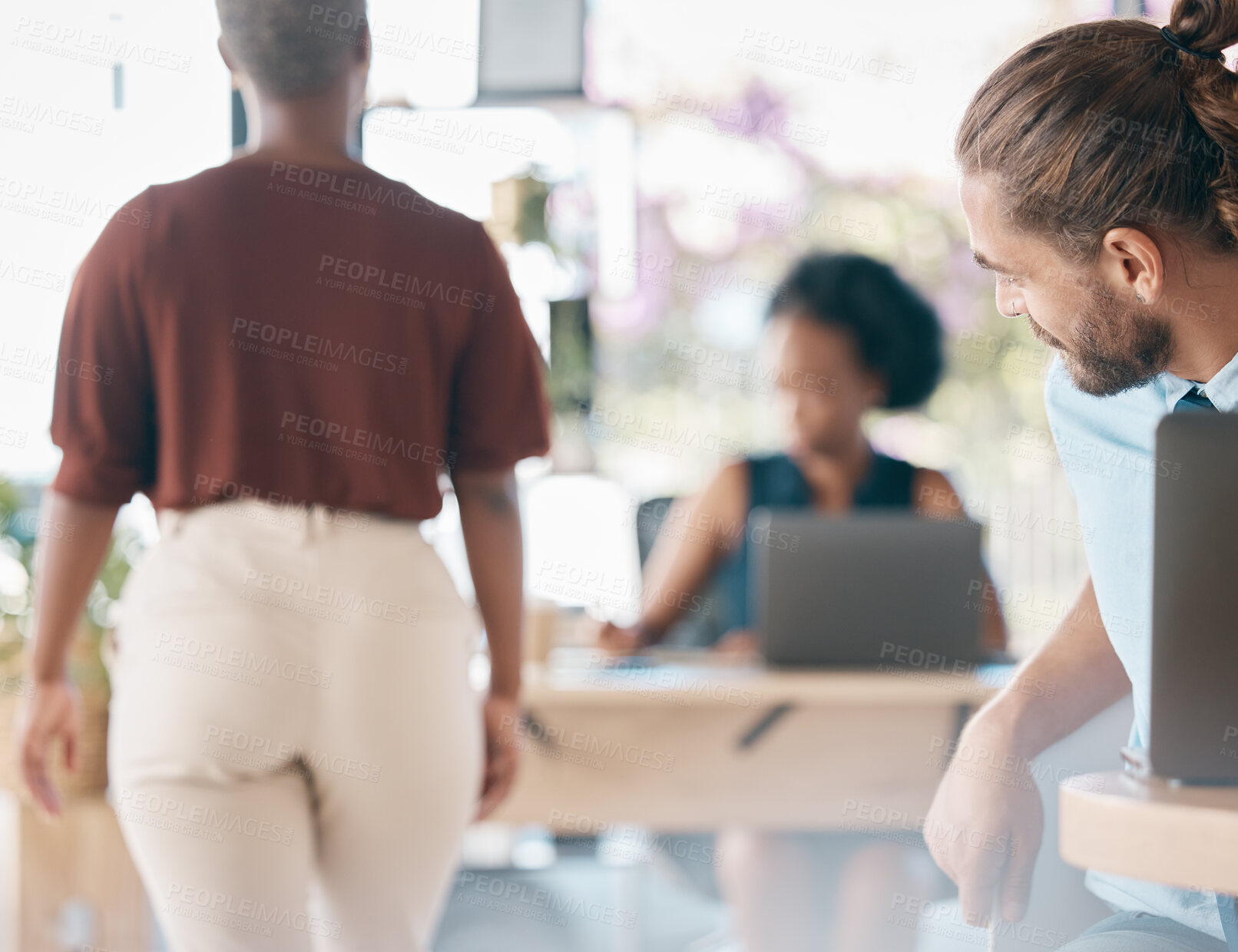 Buy stock photo Black woman, businessman and sexual harassment with predator behavior in office. Womens rights, discrimination and inappropriate sexual conduct in workplace, dignity and justice for women in business