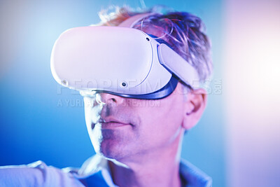 Buy stock photo Virtual reality, digital and man in metaverse for future or 3d futuristic simulation technology in a studio. Innovation, cyber and mature person enjoys a gamers experience in high tech vr glasses