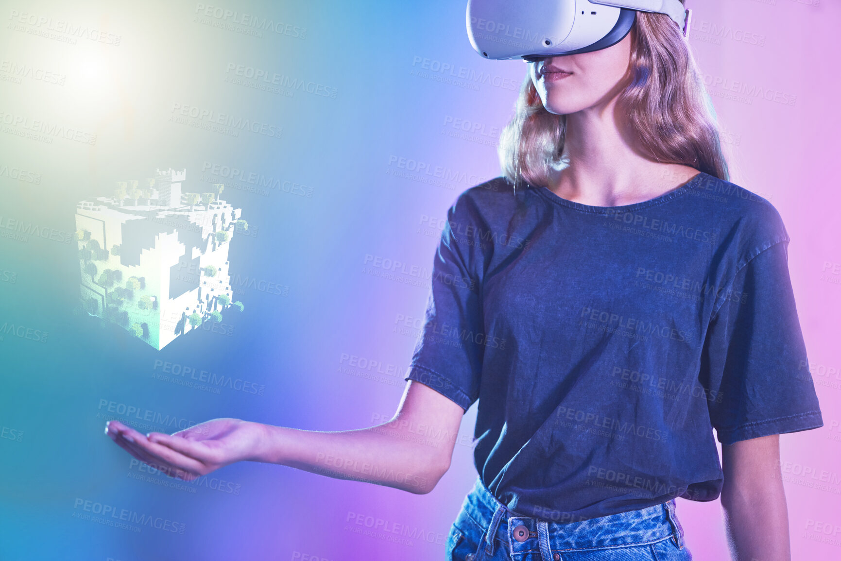 Buy stock photo VR, metaverse or woman with hologram in hand for futuristic gaming, virtual reality or digital tech headset for 3d, ai or UX online. Cyber network overlay, gamer or girl for esports or creative space