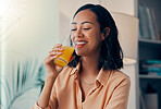 Orange juice, drink and happy black woman relax while drinking health liquid or organic fruit beverage. Happiness, smile and thirsty nutritionist girl with glass of juice for wellness and hydration