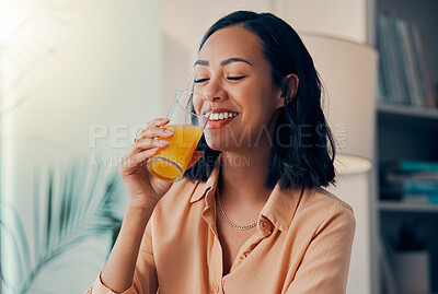 Buy stock photo Orange juice, drink and happy black woman relax while drinking health liquid or organic fruit beverage. Happiness, smile and thirsty nutritionist girl with glass of juice for wellness and hydration