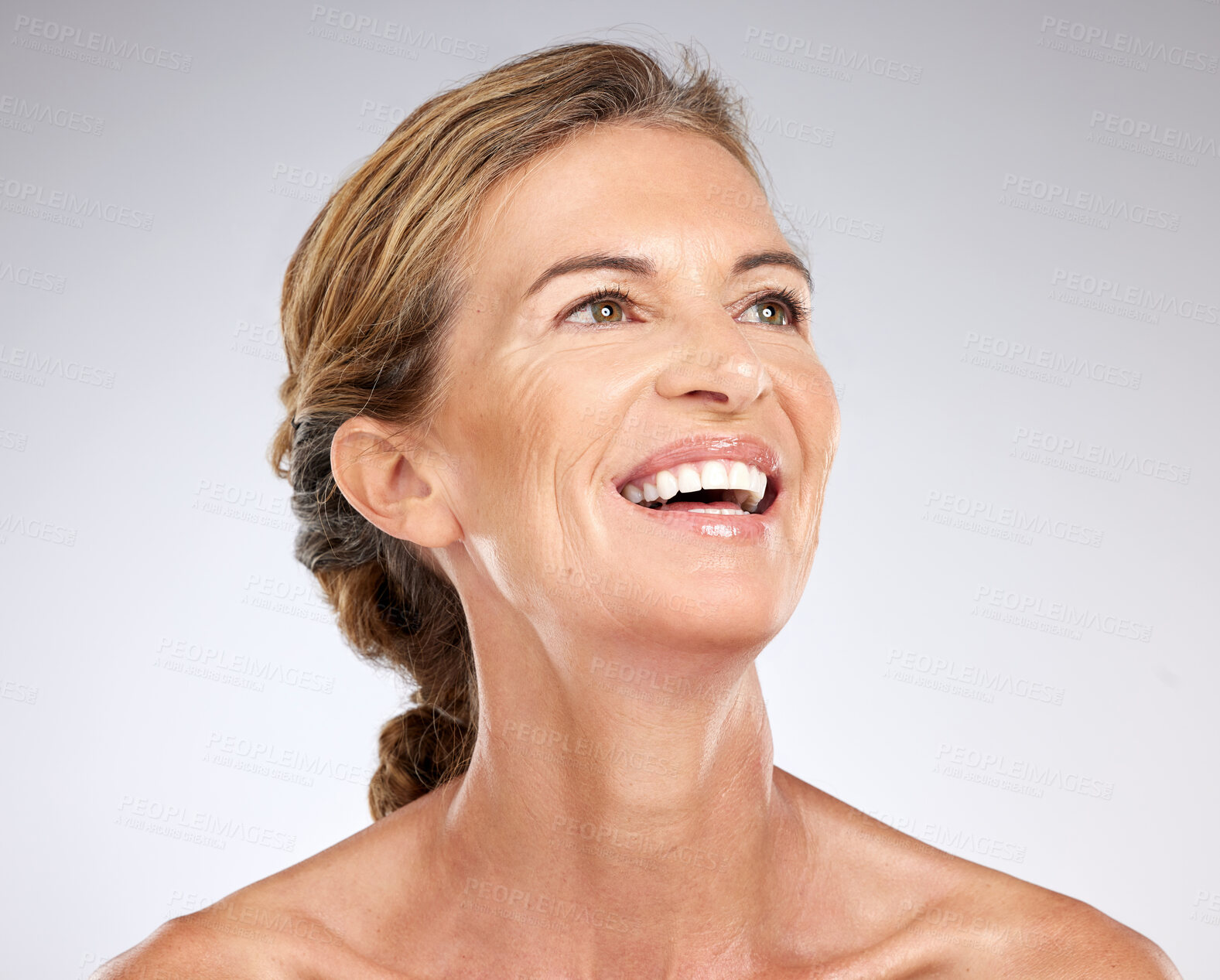 Buy stock photo Skincare, beauty and face of happy senior woman thinking about dermatology, facial botox or cosmetics against mockup studio background. Face, antiaging and wellness of female with self love mindset