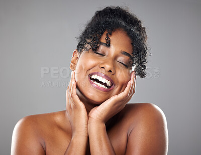 Buy stock photo Beauty, skincare and hands on face of woman in studio for health, wellness ad grooming against studio, grey and mockup background. Skin, luxury and cleaning treatment with model after hygiene cleanse