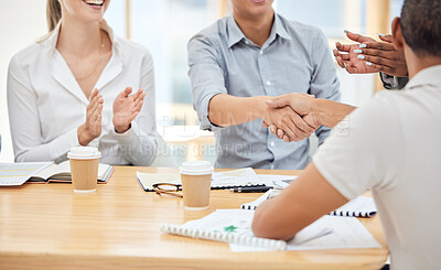 Buy stock photo Meeting, business people and handshake, applause and welcome to startup company. Clapping, b2b or crm, thank you or contract deal, agreement or teamwork, collaboration or shaking hands with client.
