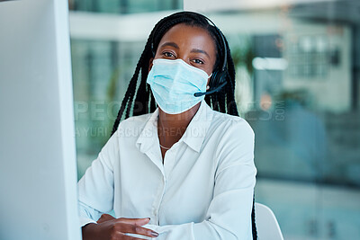 Buy stock photo Covid, call center and portrait of black woman in office for communication, telemarketing and consulting. Contact us, customer support and networking with employee at desk with healthcare and safety