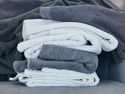Buy stock photo Towels, clean and laundry with texture and fabric for cleaning and hygiene in hospitality or home. Fresh washing, cleaning service or household maintenance closeup with cotton towel and textures.