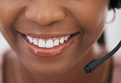 Buy stock photo Call center consultant, black woman and smile in closeup of mouth with headset, customer service and support at help desk. Happy telemarketing agent, CRM work and advisory conversation or phone call.