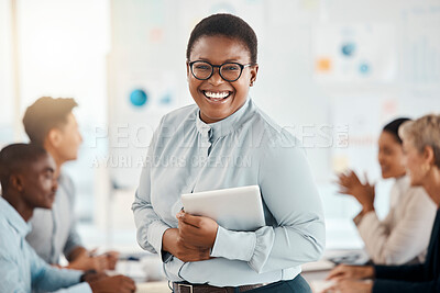 Buy stock photo Black woman with tablet, leader and business meeting with corporate presentation portrait, speaker and leadership of team. Presenter in conference room, professional and tech, diversity in workplace.