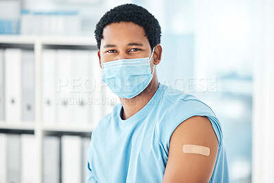 Buy stock photo Mask, vaccine and man with plaster in hospital for covid healthcare compliance. Young healthy African patient, clinic safety and corona prevention or medical immunity vaccination in health center