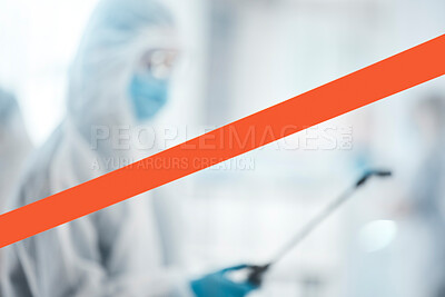 Buy stock photo Warning tape, covid disinfection and safety, cleaning service and healthcare compliance in medical room, hospital or laboratory to stop bacteria. Caution ribbon, corona virus risk and chemical spray 