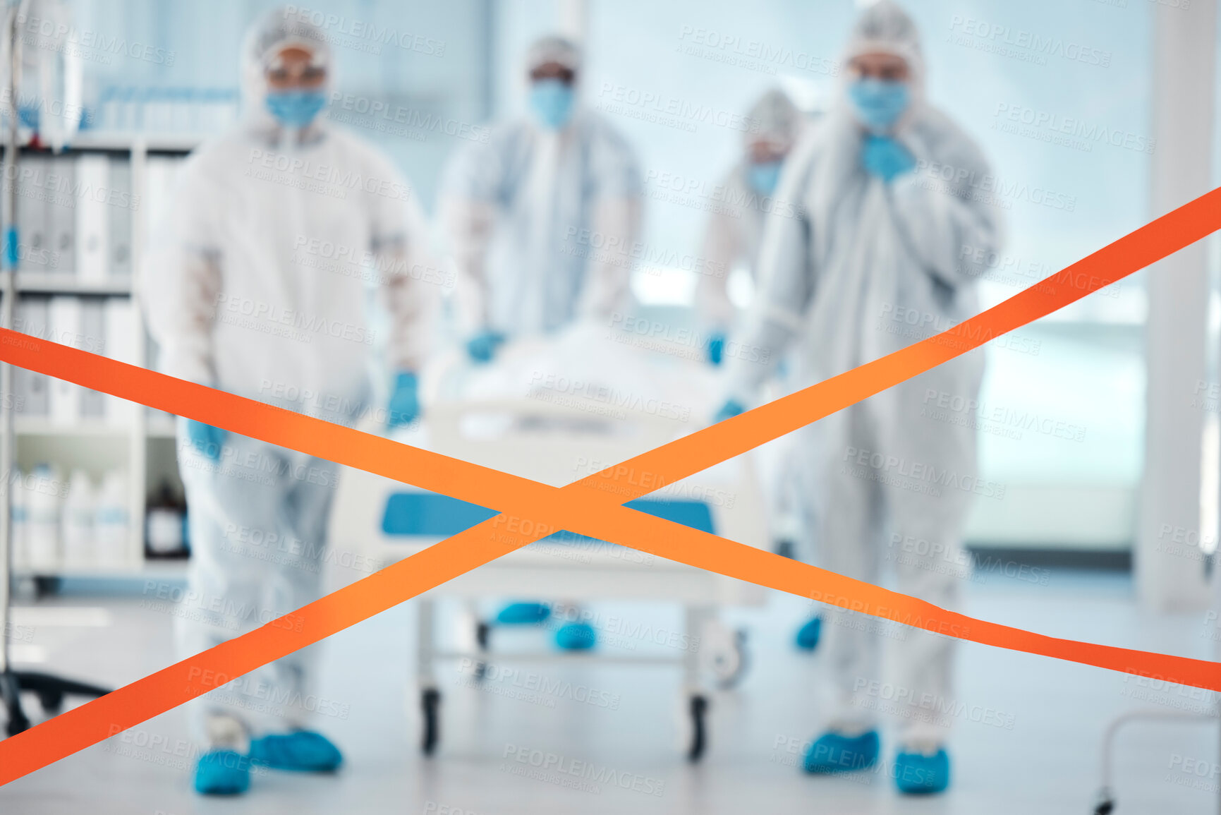 Buy stock photo Covid, hospital and doctors walking with sick patient in quarantine, ppe and safety compliance. Healthcare, team and corona regulations by nurse and doctor group moving person into emergency ICU