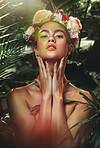 Woman, nature and beauty with leaves, plants and trees with organic makeup model, natural cosmetics and wellness products. Jungle, forest and tropical rainforest with outdoor floral flowers aesthetic