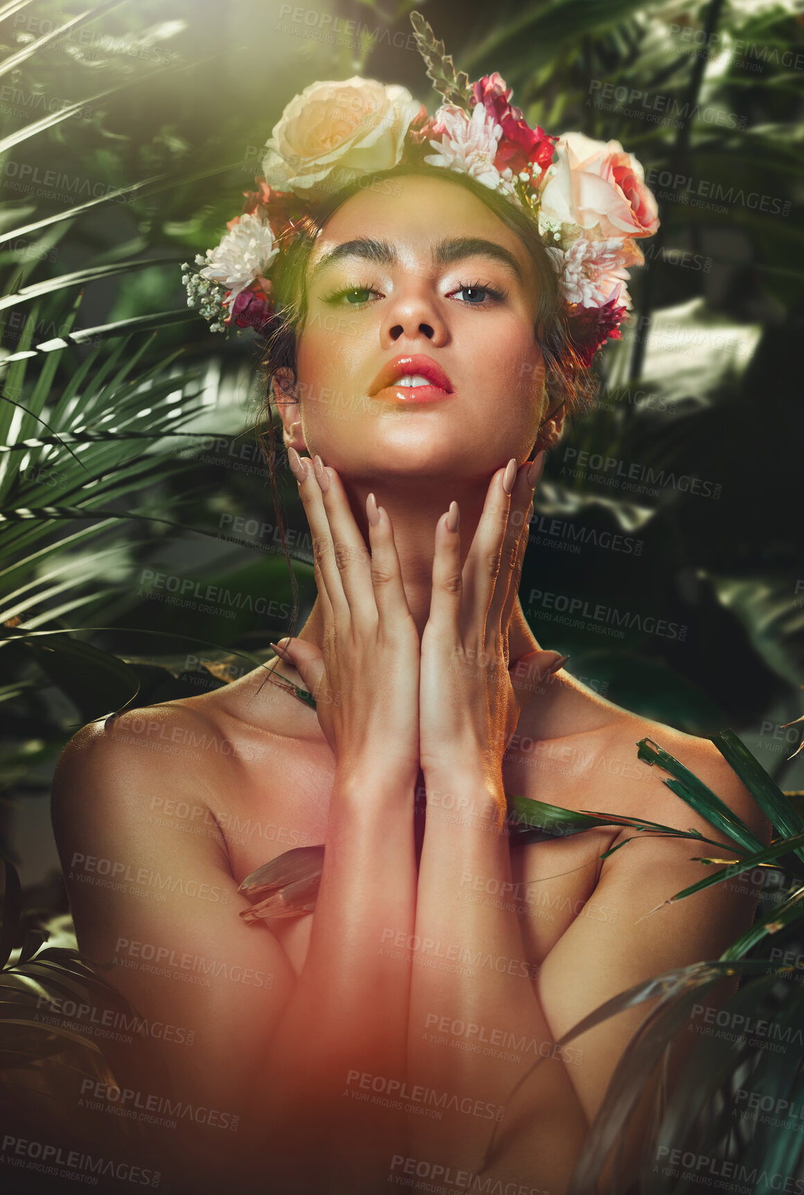 Buy stock photo Woman, nature and beauty with leaves, plants and trees with organic makeup model, natural cosmetics and wellness products. Jungle, forest and tropical rainforest with outdoor floral flowers aesthetic