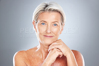 Buy stock photo Skincare, senior woman and skincare, beauty and cosmetic wellness fro anti aging in grey studio background mockup. Elderly female model happy with skin health, face and healthcare with facial makeup