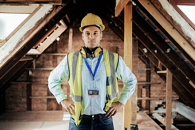 Buy stock photo Portrait, construction man and leader for building project, with pride and confident with work and architecture. Male architect, leadership and management for maintenance, contractor and with hardhat