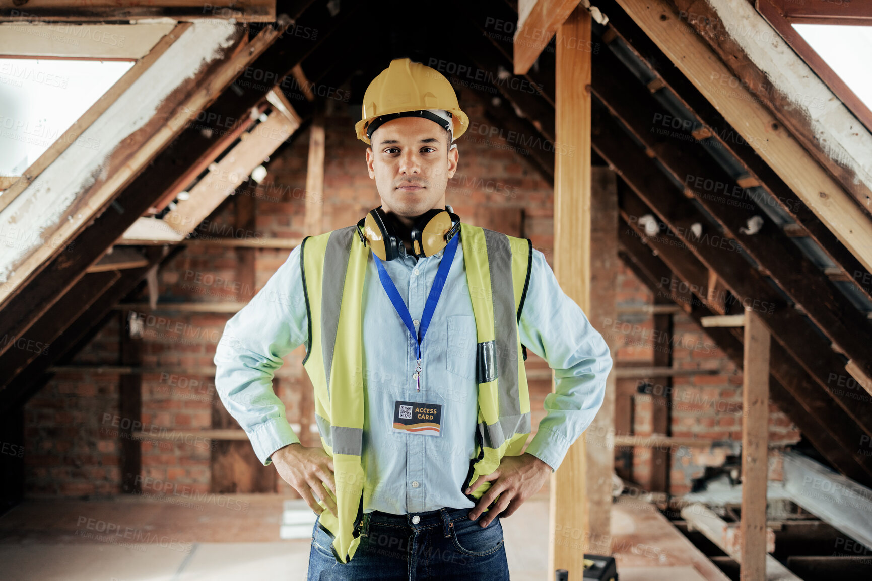 Buy stock photo Portrait, construction man and leader for building project, with pride and confident with work and architecture. Male architect, leadership and management for maintenance, contractor and with hardhat