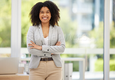 Buy stock photo Business, confidence and portrait of happy black woman, worker or employee with pride in marketing career success. Women empowerment, corporate happiness or office girl satisfied with advertising job
