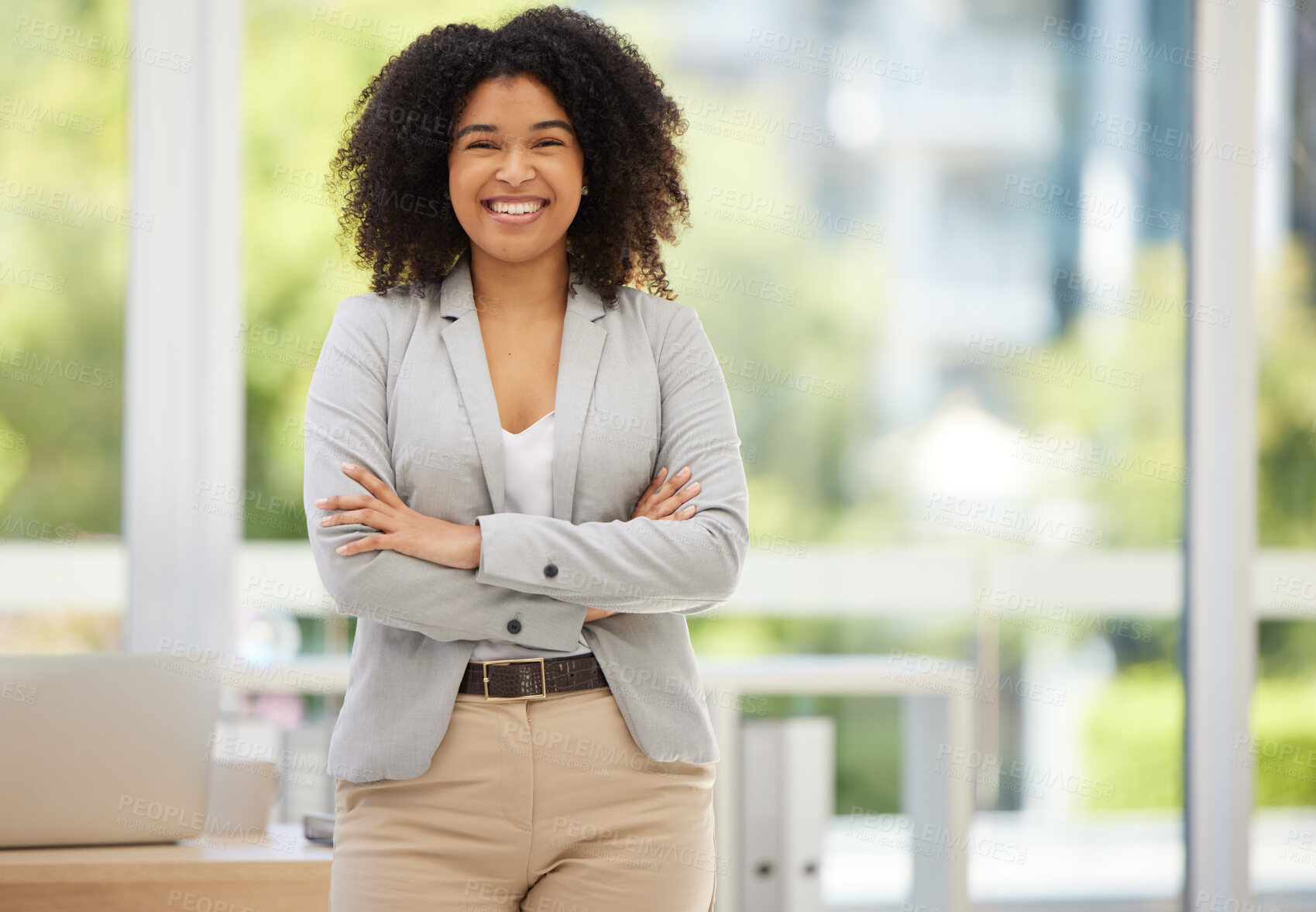 Buy stock photo Business, confidence and portrait of happy black woman, worker or employee with pride in marketing career success. Women empowerment, corporate happiness or office girl satisfied with advertising job