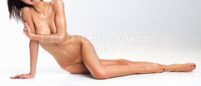 Buy stock photo Smiling nude relaxed woman isolated on a white background - copyspace