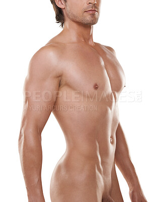 Buy stock photo Portrait of a naked man smiling against a white background