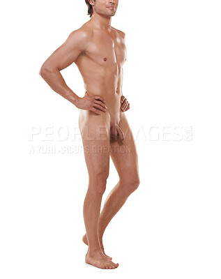 Buy stock photo Portrait of a hunky nude man with his arms akimbo
