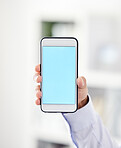 Business phone with blue screen or blank copy space for a website, marketing or advertising app. Closeup of man holding or showing copyspace on wireless handheld technology with corporate background