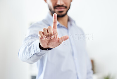 Buy stock photo Modern, future and futuristic business man pointing his finger up pressing an empty virtual touchscreen. Closeup portrait of a corporate professional male touching an invisible screen or in an office