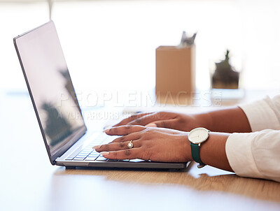 Businesswoman, manager or advertising agent typing a report, email or browsing the internet on a laptop online at work. Closeup of hands of a female ceo, boss or employee searching the web in office